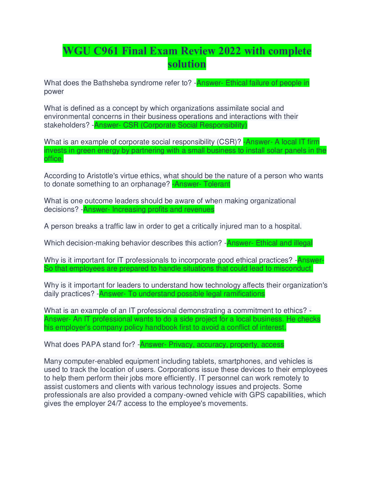 Preview image for WGU C961 Final Exam Review 2022 with complete solution